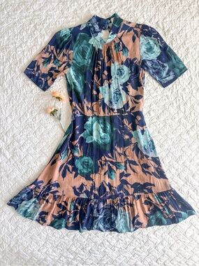Closet London Floral Mini Dress UK 10 US 6 Puff Sleeve Ruffle Hem Mock neck